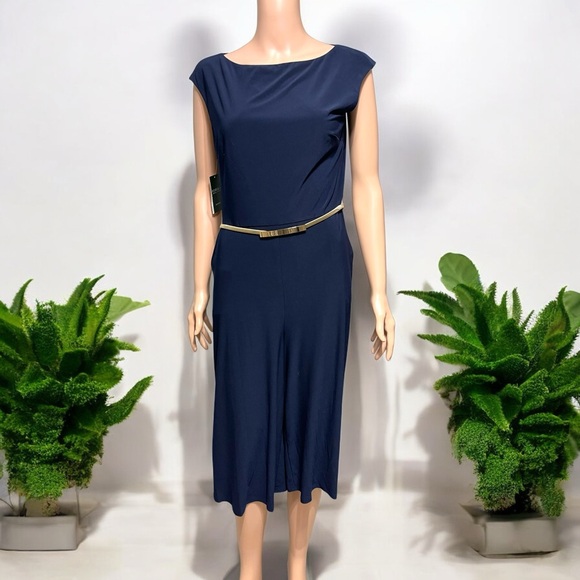 Ralph Lauren Women's Blue Cap Sleeve Wide-Leg Culotte Dress Jumpsuit w/ Pockets - Picture 6 of 16
